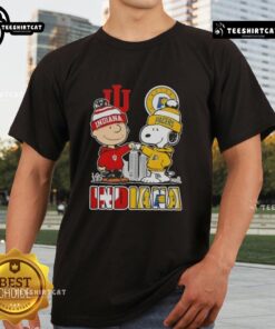 Alt Text: Cute Snoopy and Charlie Brown wearing Indiana sports Hoosiers X Pacers skyline T-shirt, perfect for fans.