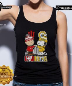 Alt Text: Cute Snoopy and Charlie Brown in Indiana sports Hoosiers X Pacers skyline tank top design for fans.