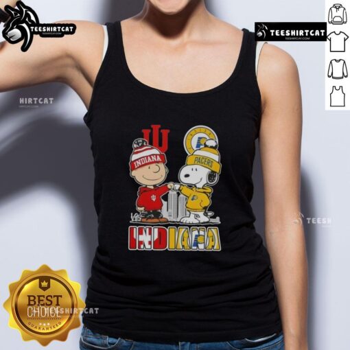 Alt Text: Cute Snoopy and Charlie Brown in Indiana sports Hoosiers X Pacers skyline tank top design for fans.