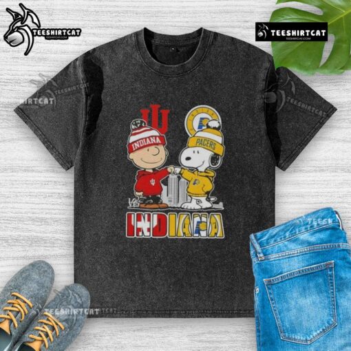 Alt Text: Cute Snoopy and Charlie Brown on Indiana Hoosiers X Pacers skyline washed t-shirt, perfect for sports fans.