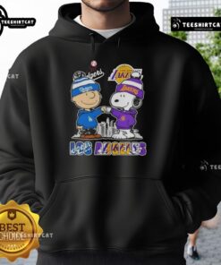 Alt Text: Cute Snoopy and Charlie Brown hoodie featuring Los Angeles Dodgers and Lakers skyline design.