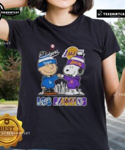 Cute Snoopy and Charlie Brown in Los Angeles skyline tee featuring Dodgers and Lakers for ladies.