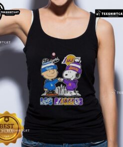 Cute Snoopy and Charlie Brown in Los Angeles skyline tank top featuring Dodgers and Lakers logos.