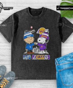 Cute Snoopy and Charlie Brown Los Angeles sports Dodgers X Lakers skyline washed t-shirt design for fans.