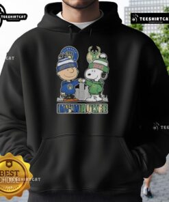 Cute Snoopy and Charlie Brown hoodie featuring Milwaukee skyline with Brewers and Bucks logos, perfect for sports fans.