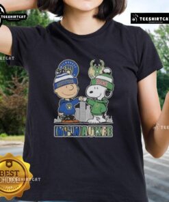 Cute Snoopy and Charlie Brown on Milwaukee skyline tee, celebrating Brewers and Bucks sports teams for ladies.