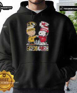 Alt Text: Cute Snoopy and Charlie Brown in Missouri Tigers x Kansas City Chiefs skyline hoodie design, perfect for fans.