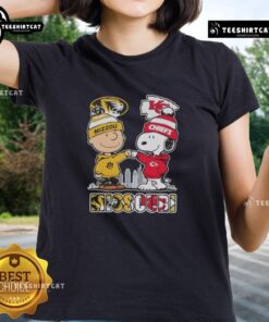 Alt Text: Cute Snoopy and Charlie Brown graphic on Missouri Tigers x Kansas City Chiefs skyline ladies tee shirt.