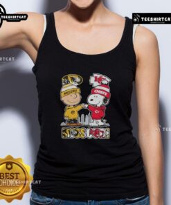 Cute Snoopy and Charlie Brown tank top featuring Missouri Tigers and Kansas City Chiefs skyline design.