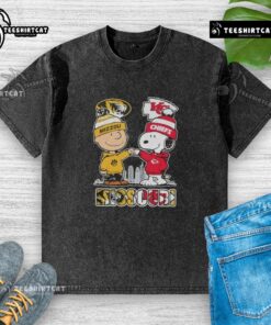 Alt Text: Cute Snoopy and Charlie Brown graphic on Missouri Tigers x Kansas City Chiefs skyline washed t-shirt.
