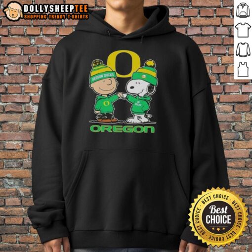 Alt Text: Cute Snoopy and Charlie Brown in Oregon Ducks football hoodie with skyline design, perfect for fans and cozy wear.