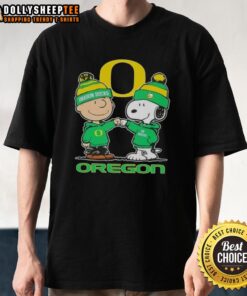 Alt Text: Cute Snoopy and Charlie Brown in Oregon Ducks football gear on a skyline t-shirt design, perfect for fans.