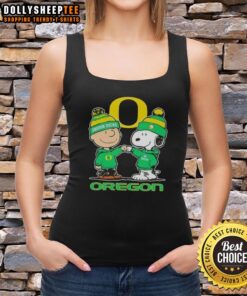 Cute Snoopy and Charlie Brown in Oregon Ducks football skyline tank top design, perfect for fans and summer wear.