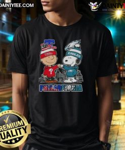 Alt Text: Cute Snoopy and Charlie Brown Philadelphia sports Phillies and Eagles skyline t-shirt design for fans.