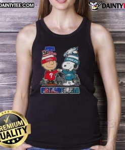 Alt Text: Cute Snoopy and Charlie Brown in Philadelphia sports tank top featuring Phillies and Eagles skyline design.