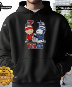 Cute Snoopy and Charlie Brown on Texas Tech Red Raiders X Dallas Cowboys skyline hoodie design.