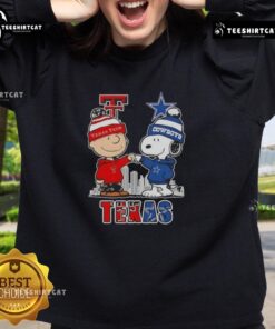 Alt Text: Cute Snoopy and Charlie Brown Texas Tech Red Raiders X Dallas Cowboys skyline sweatshirt design.