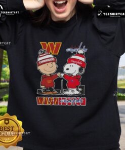 Cute Snoopy and Charlie Brown sweatshirt featuring Washington Sports Commanders and Capitals skyline design.