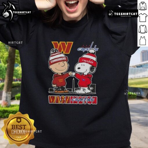 Cute Snoopy and Charlie Brown sweatshirt featuring Washington Sports Commanders and Capitals skyline design.