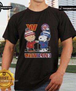 Alt Text: Cute Snoopy and Charlie Brown on a Washington Sports Commanders X Nationals skyline t-shirt design.