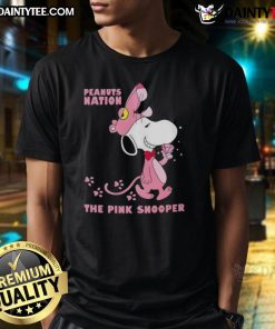 Alt Text: Cute Snoopy Peanuts Nation pink t-shirt featuring the adorable Snooper design, perfect for fans of Peanuts.