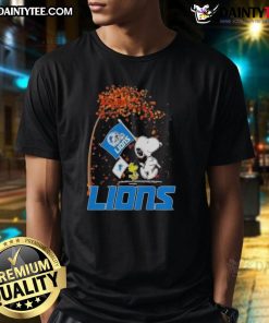 Alt Text: Cute Snoopy X Woodstock It's The Most Wonderful Time Of The Year Detroit Lions T-Shirt featuring festive graphics.