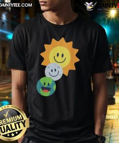 Cute Sun Moon Earth Smiley Faces T-Shirt featuring cheerful celestial designs in vibrant colors for a fun look.