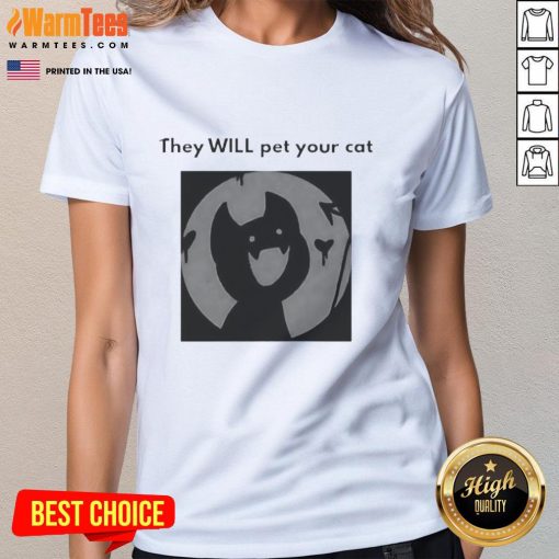 Adorable 'Cute They Will Pet Your Cat' ladies tee showcasing a playful cat graphic, perfect for cat lovers and casual wear.