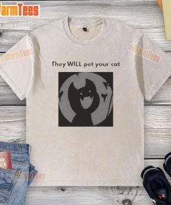 Cute 'They Will Pet Your Cat' washed t-shirt featuring playful cat graphics, perfect for cat lovers and casual wear.