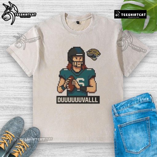 Alt Text: Funny Jacksonville Jaguars Duuuuuuvalll pixel art design on a washed t-shirt, perfect for fans and casual wear.
