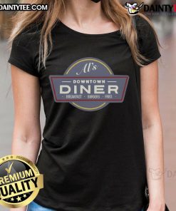 Funny AIs enjoying breakfast burgers and fries at a downtown diner, featuring a colorful ladies' tee design.