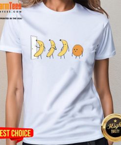 Funny Banana Orange Knock Knock Ladies Tee featuring playful fruit graphics and humorous text for a fun casual look.