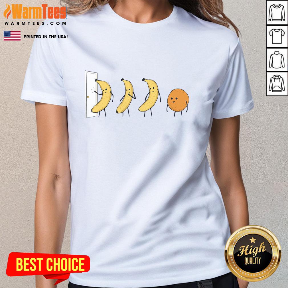 Funny Banana Orange Knock Knock Ladies Tee Funny Banana Orange Knock Knock Ladies Tee featuring playful fruit graphics and humorous text for a fun casual look.