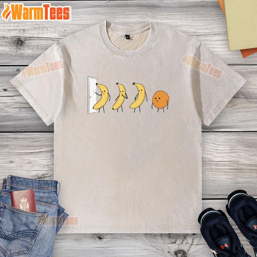 Funny Banana Orange Knock Knock Washed T Shirt Funny Banana Orange Knock Knock design on a washed t-shirt, perfect for casual wear and a touch of humor.