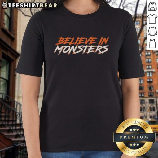 Funny Believe in Monsters Chicago Bears ladies tee featuring a playful design for female fans of the team.