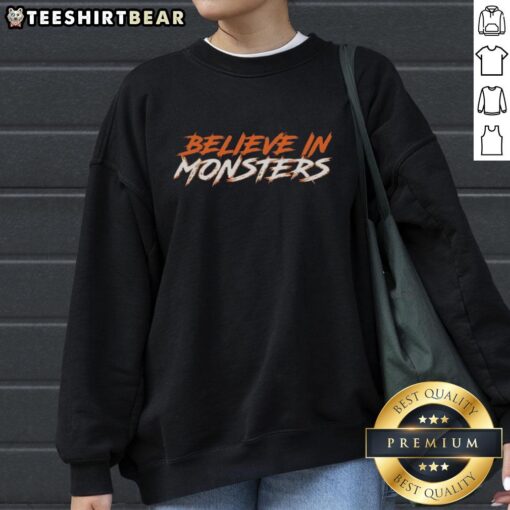 Funny Believe In Monsters Chicago Bears sweatshirt featuring a playful graphic, perfect for fans and cozy wear.