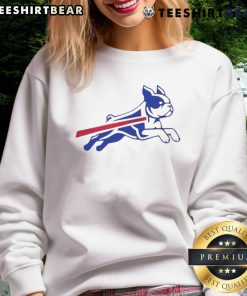 Alt Text: Funny Boston Terrier Buffalo Bills football parody logo sweatshirt featuring a playful dog design for sports fans.