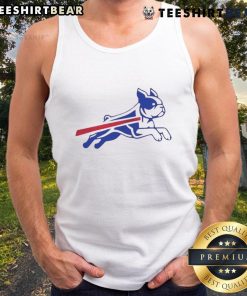 Funny Boston Terrier Buffalo Bills football parody logo on a tank top, perfect for dog lovers and sports fans.