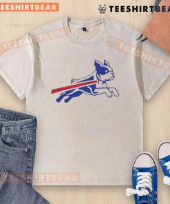 Funny Boston Terrier Buffalo Bills football parody logo on a washed t-shirt, perfect for pet lovers and sports fans.