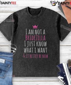 Funny Bridezilla bride wearing a humorous washed t-shirt about wedding planning, showcasing lighthearted wedding humor.