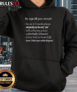 Funny meme of a blue-eyed character in a hoodie, showcasing sarcastic humor about life by age 25.