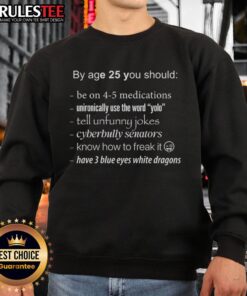 Alt Text: Funny 'By Age 25 You Should' meme sweatshirt featuring a blue-eyed white dragon and sarcastic humor design.