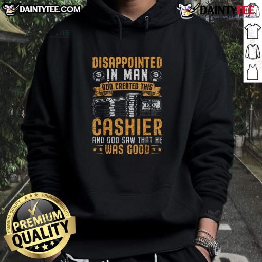 Funny cashier wearing 'God created this cashier' hoodie, looking disappointed at a customer in a grocery store.