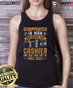 Funny cashier tank top featuring 'God Created This Cashier' design, perfect for humor lovers and retail workers.