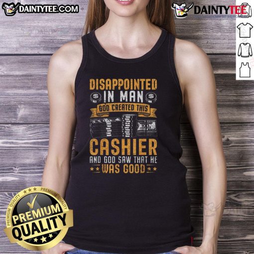 Funny cashier tank top featuring 'God Created This Cashier' design, perfect for humor lovers and retail workers.