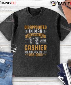 Disappointed cashier wearing a humorous 'God Created This Cashier' T-shirt, showcasing a funny retail moment.