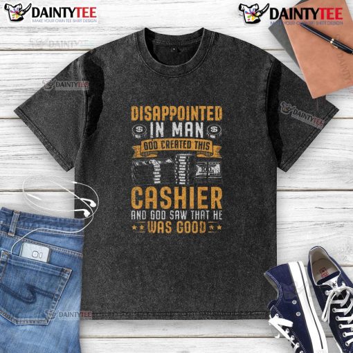 Disappointed cashier wearing a humorous 'God Created This Cashier' T-shirt, showcasing a funny retail moment.
