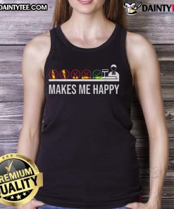 Funny cashier at grocery store checkout wearing a humorous tank top, spreading joy and appreciation to customers.