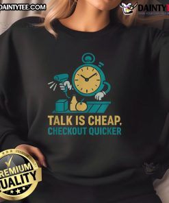 Alt Text: Funny grocery store worker sweatshirt featuring a witty cashier quote for quicker checkout humor.