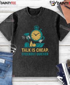 Funny cashier at grocery store wearing a washed T-shirt, engaging customers with quick checkout talks.